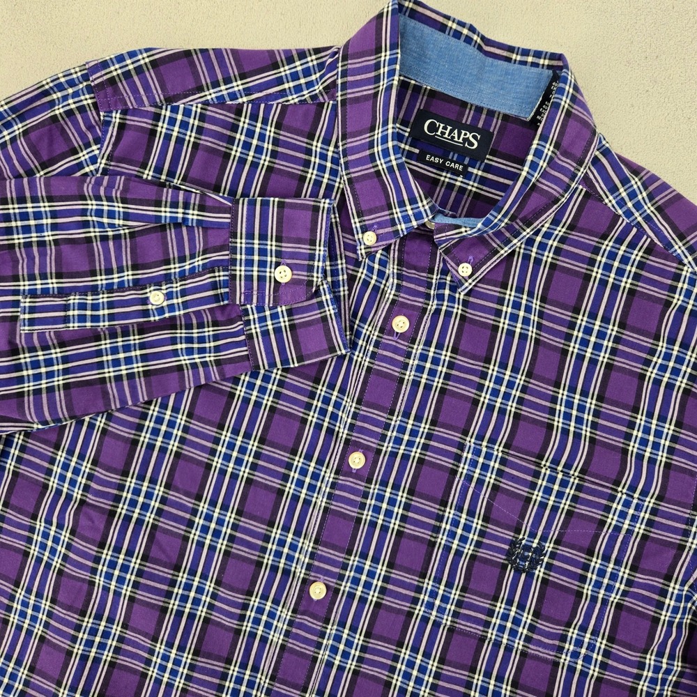 Chaps Mens Large Purple Plaid Long Sleeve Button Down Easy Care Shirt‎ Preppy